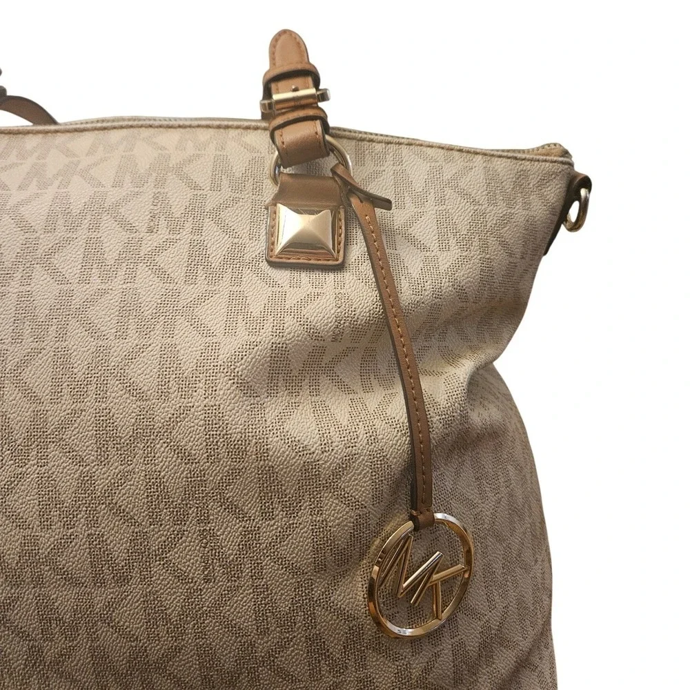 Michael Kors Signature MK Monogram Tote Bag Beige Brown Leather Accents‎ - Picture 4 of 4